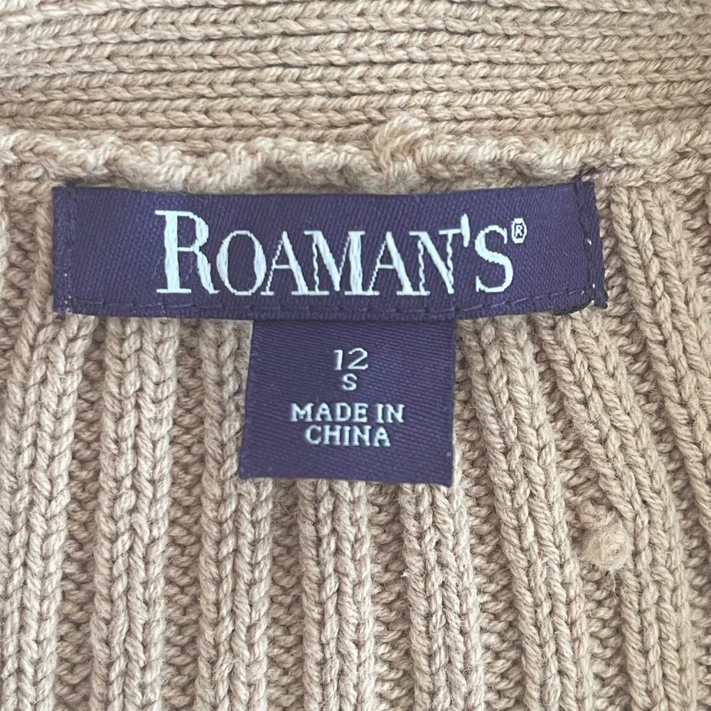 ROAMANS Womens Military Style Cardigan Sweater Beige Ruffle Collar Buttons‎